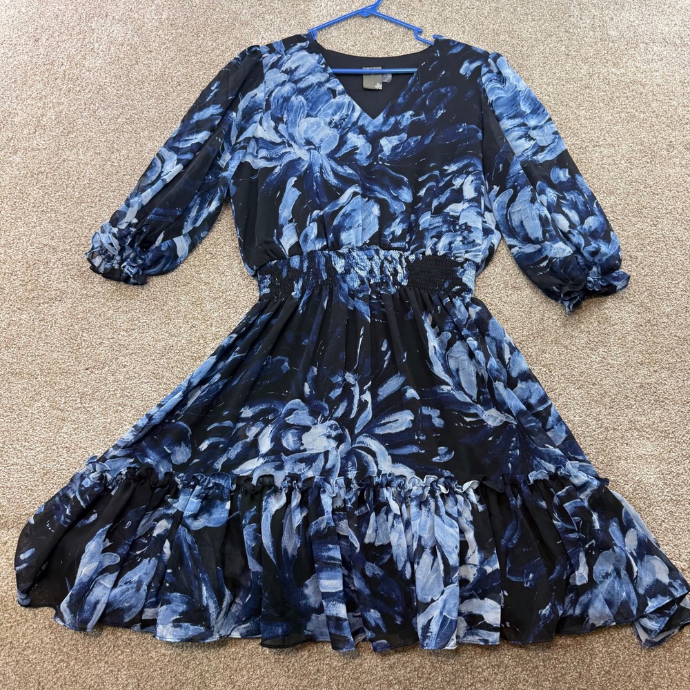 Taylor Womens Blue Black Floral Smocked Waist V-Neck Chiffon Dress 6 Wedding